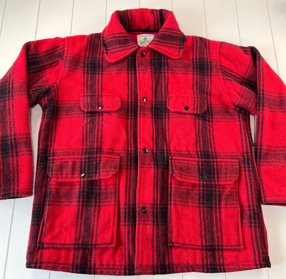 Johnson Woolen Mills Wool Hunting Coat Jacket Size Medium Large Red Black Plaid